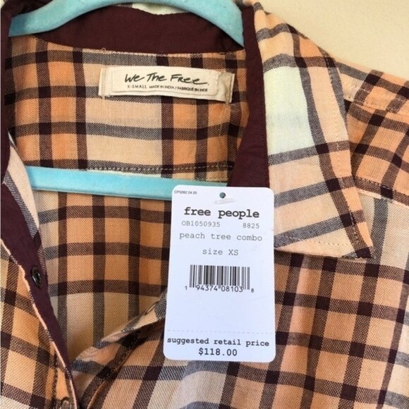 NWT Free People Peach Tree Plaid Peplum Raw Button Boho Tunic - Picture 3 of 6